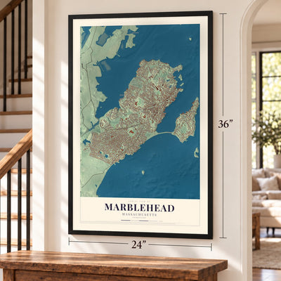 Marblehead, Massachusetts map, 24 x 36 inch print in a black frame by a staircase