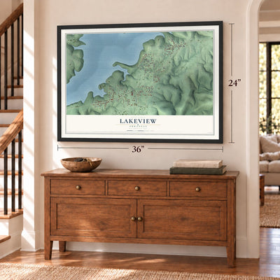 Lakeview, Arkansas map, 24 x 36 inch print in a black frame above a dresser by a staircase