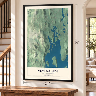 New Salem, Massachusetts map, 24 x 36 inch print in a black frame by a staircase