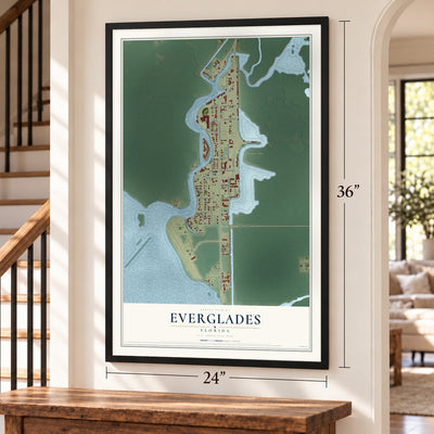 Everglades, Florida map, 24 x 36 inch print in a black frame by a staircase