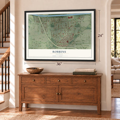 Robbins, Illinois map, 24 x 36 inch print in a black frame above a dresser by a staircase
