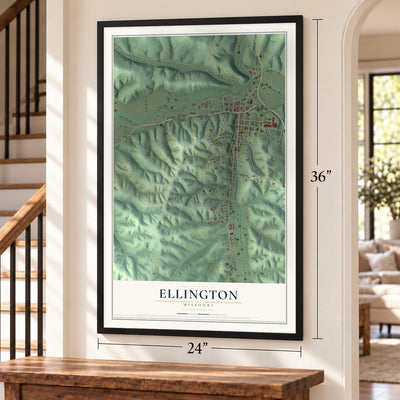 Ellington, Missouri map, 24 x 36 inch print in a black frame by a staircase