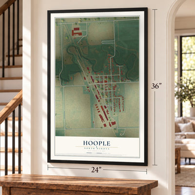 Hoople, North Dakota map, 24 x 36 inch print in a black frame by a staircase