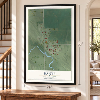 Dante, South Dakota map, 24 x 36 inch print in a black frame by a staircase