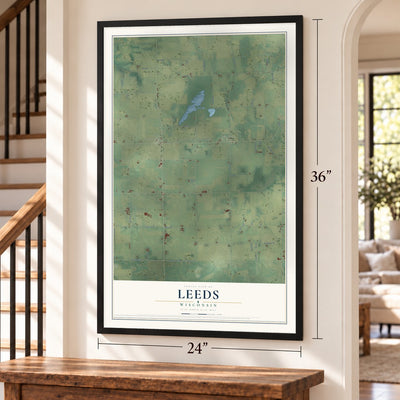 Leeds, Wisconsin map, 24 x 36 inch print in a black frame by a staircase