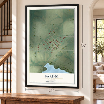 Baring, Missouri map, 24 x 36 inch print in a black frame by a staircase