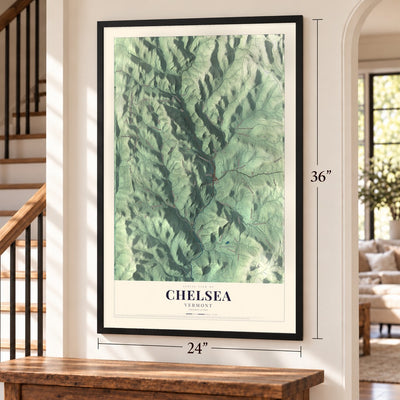 Chelsea, Vermont map, 24 x 36 inch print in a black frame by a staircase