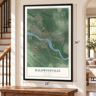 Baldwinsville, New York map, 24 x 36 inch print in a black frame by a staircase