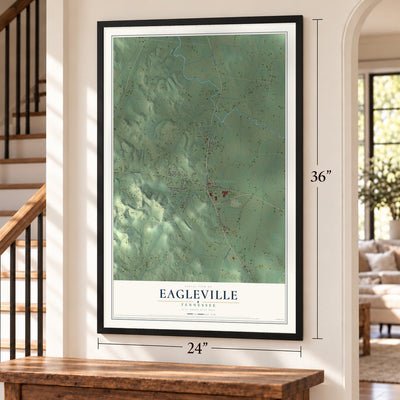 Eagleville, Tennessee map, 24 x 36 inch print in a black frame by a staircase