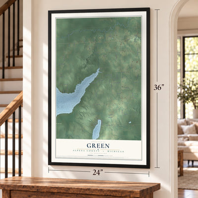 Green, Alpena County, Michigan map, 24 x 36 inch print in a black frame by a staircase
