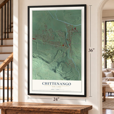 Chittenango, New York map, 24 x 36 inch print in a black frame by a staircase