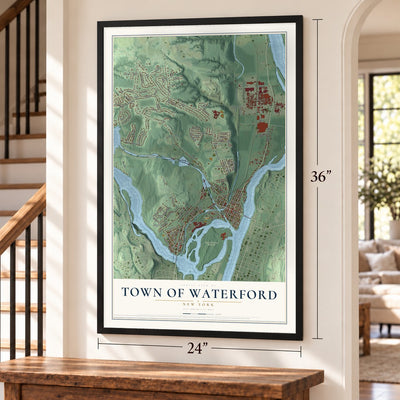 Town of Waterford, New York map, 24 x 36 inch print in a black frame by a staircase