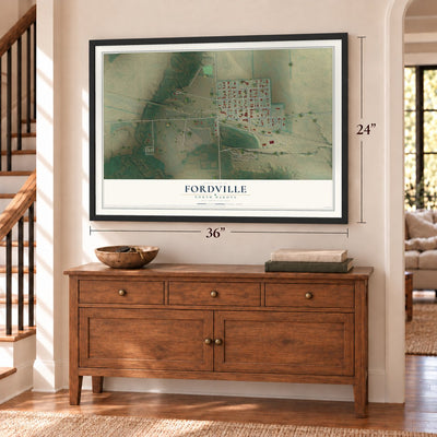 Fordville, North Dakota map, 24 x 36 inch print in a black frame above a dresser by a staircase
