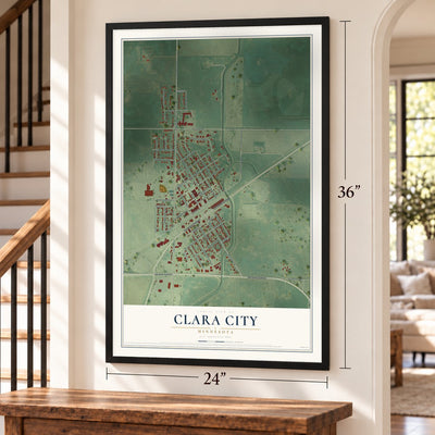 Clara City, Minnesota map, 24 x 36 inch print in a black frame by a staircase