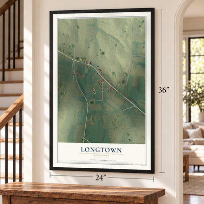 Longtown, Missouri map, 24 x 36 inch print in a black frame by a staircase