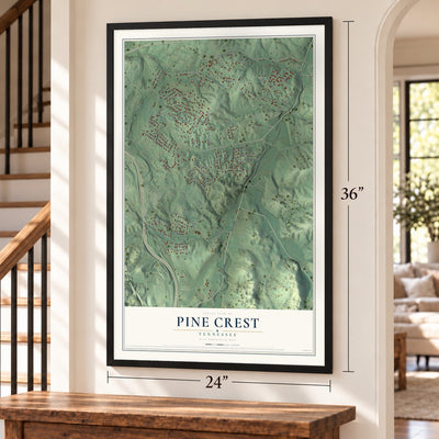Pine Crest, Tennessee map, 24 x 36 inch print in a black frame by a staircase