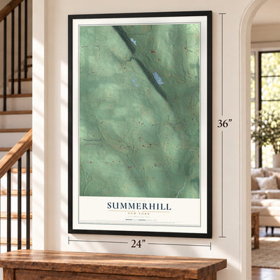 Summerhill, New York map, 24 x 36 inch print in a black frame by a staircase