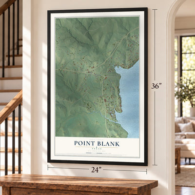 Point Blank, Texas map, 24 x 36 inch print in a black frame by a staircase