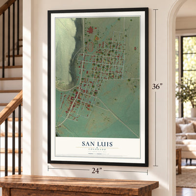 San Luis, Colorado map, 24 x 36 inch print in a black frame by a staircase