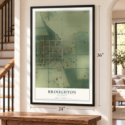 Broughton, Illinois map, 24 x 36 inch print in a black frame by a staircase