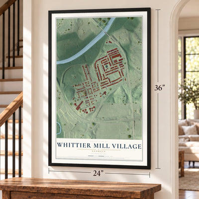 Whittier Mill Village, Georgia map, 24 x 36 inch print in a black frame by a staircase