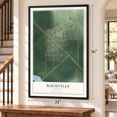 Rockville, Nebraska map, 24 x 36 inch print in a black frame by a staircase