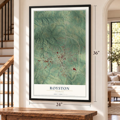 Royston, Georgia map, 24 x 36 inch print in a black frame by a staircase