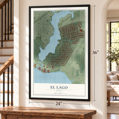 El Lago, Texas map, 24 x 36 inch print in a black frame by a staircase