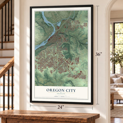 Oregon City, Oregon map, 24 x 36 inch print in a black frame by a staircase