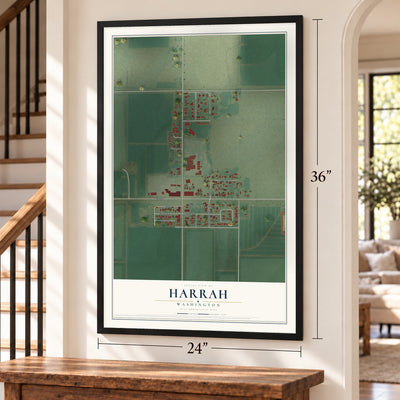 Harrah, Washington map, 24 x 36 inch print in a black frame by a staircase