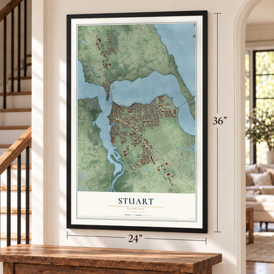 Stuart, Florida map, 24 x 36 inch print in a black frame by a staircase