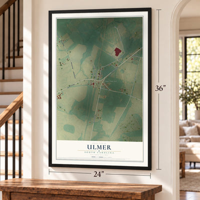 Ulmer, South Carolina map, 24 x 36 inch print in a black frame by a staircase