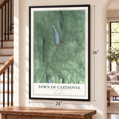 Town of Cazenovia, New York map, 24 x 36 inch print in a black frame by a staircase