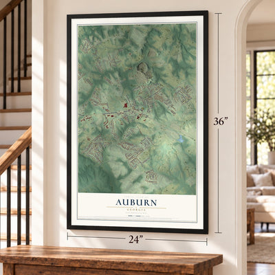 Auburn, Georgia map, 24 x 36 inch print in a black frame by a staircase
