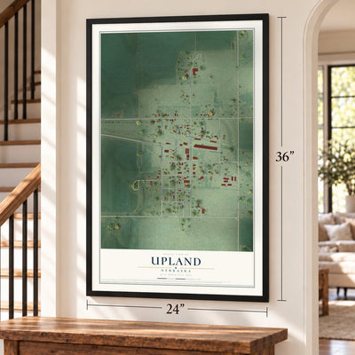Upland, Nebraska map, 24 x 36 inch print in a black frame by a staircase