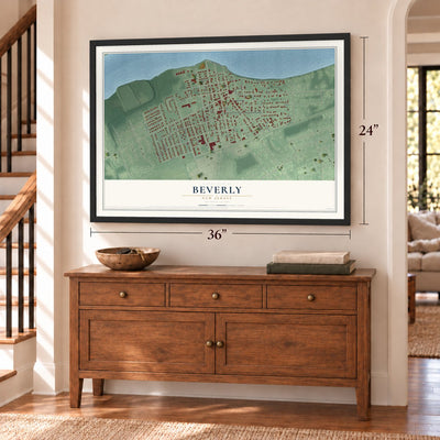 Beverly, New Jersey map, 24 x 36 inch print in a black frame above a dresser by a staircase