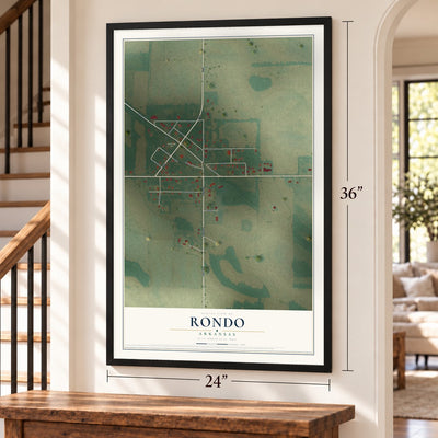 Rondo, Arkansas map, 24 x 36 inch print in a black frame by a staircase