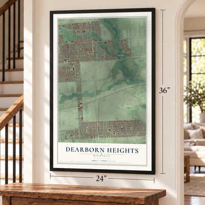 Dearborn Heights, Michigan map, 24 x 36 inch print in a black frame by a staircase