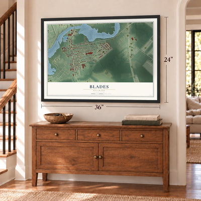Blades, Delaware map, 24 x 36 inch print in a black frame above a dresser by a staircase