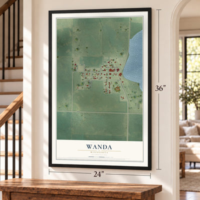Wanda, Minnesota map, 24 x 36 inch print in a black frame by a staircase