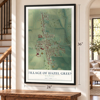 Hazel Green, Wisconsin map, 24 x 36 inch print in a black frame by a staircase