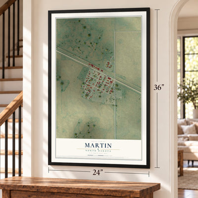 Martin, North Dakota map, 24 x 36 inch print in a black frame by a staircase