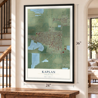 Kaplan, Louisiana map, 24 x 36 inch print in a black frame by a staircase
