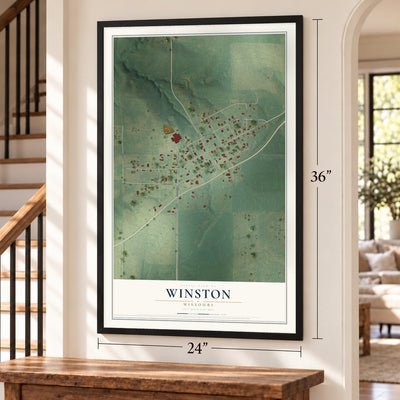 Winston, Missouri map, 24 x 36 inch print in a black frame by a staircase