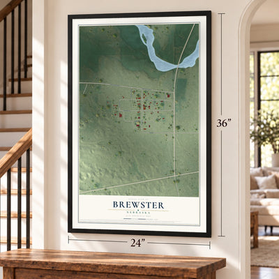 Brewster, Nebraska map, 24 x 36 inch print in a black frame by a staircase