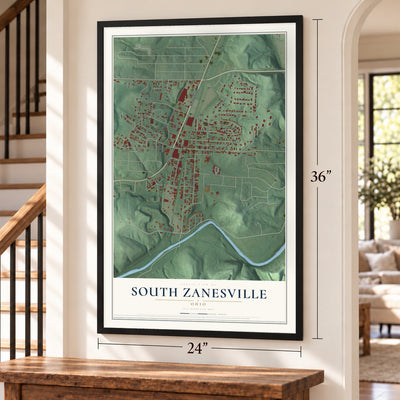 South Zanesville, Ohio map, 24 x 36 inch print in a black frame by a staircase