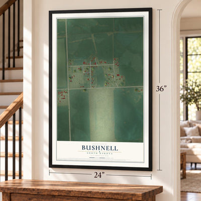 Bushnell, South Dakota map, 24 x 36 inch print in a black frame by a staircase