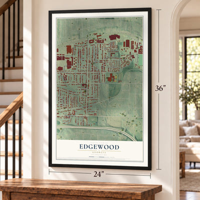 Edgewood, Georgia map, 24 x 36 inch print in a black frame by a staircase