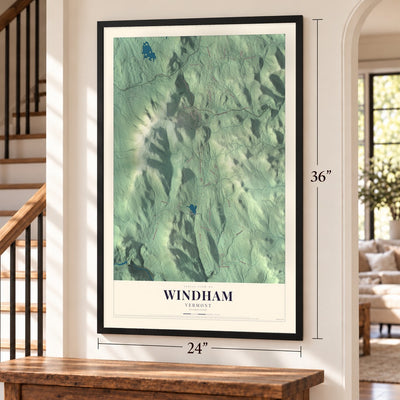 Windham, Vermont map, 24 x 36 inch print in a black frame by a staircase