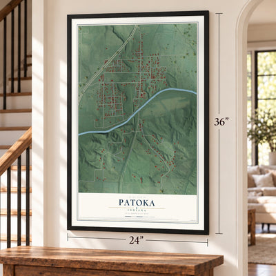 Patoka, Indiana map, 24 x 36 inch print in a black frame by a staircase